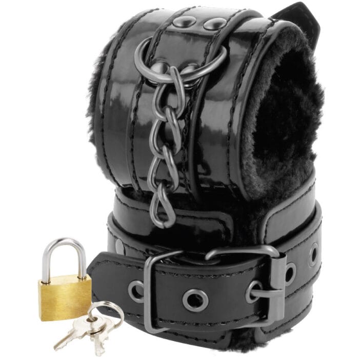 DARKNESS - BLACK ADJUSTABLE LEATHER HANDCUFFS WITH PADLOCK - Image 2